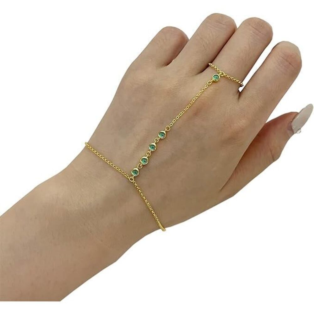 14K Gold Emerald Green Cz Finger Ring Bracelet Hand Chain For Women, 925